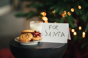 Christmas cookies and milk for Santa Claus on wooden floor under decorated Christmas tree.