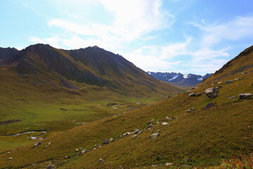 Second stage of Ak-Suu Traverse trek from Ailampa lake to Boz Uchuk lake, Karakol, Kyrgyzstan