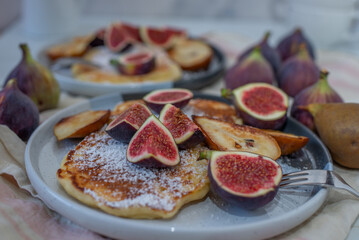 Pancakes with raspberries, figs, yogurt,