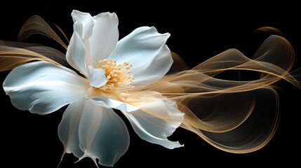 Ethereal white flower with golden flowing lines on black background.