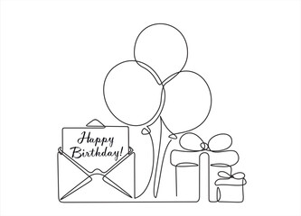 Fototapeta premium Envelope with balloons and gifts. Concept of birthday, valentine's day. Continuous one line drawing. 