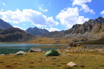 Third stage of Ak-Suu Traverse trek  - Boz-Uchuk lakes in Tian Shan mountains, Karakol, Kyrgyzstan