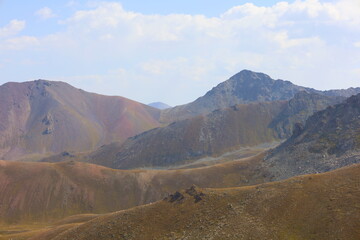 Obraz premium Fourth stage of Ak-Suu Traverse trek from Boz-Uchuk lake to Aylanysh Pass, Karakol, Kyrgyzstan
