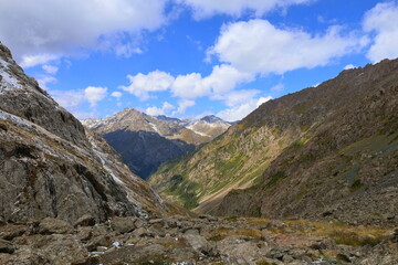 Eighth stage of Ak-Suu Traverse trek from Ala-kol lake to Karakol Gorge in Karakol national park, Kyrgyzstan