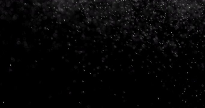 Actively Bubbling Microparticles. Small white particles flow in the air on a black background to simulate snow, blizzard, or a microcosm of the Christmas magic. Filmed at a speed of 120fps
