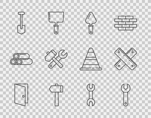 Set line Closed door, Wrench spanner, Trowel, Hammer, Shovel, and wrench, and Crossed ruler icon. Vector