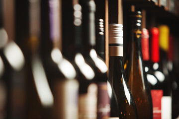Wine cellar with elite drinks on shelves with written names - obrazy, fototapety, plakaty