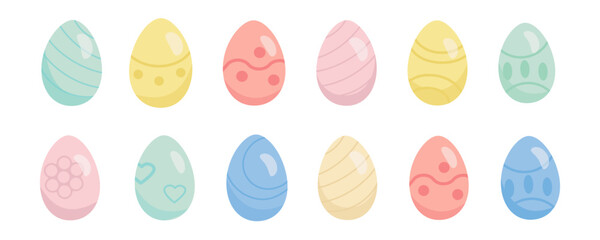 Happy Easter large set of painted Easter eggs. Colored Easter eggs in bright colors with different textures isolated on a white background. Spring holiday. Vector illustration.