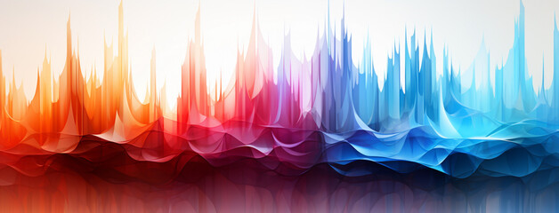 Wide panoramic colorful smooth transparent abstract rhythmic equalizer waves in white background banner   - obrazy, fototapety, plakaty