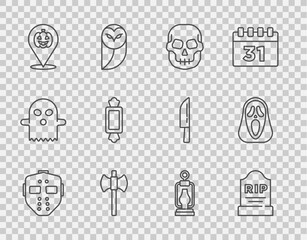 Set line Hockey mask, Tombstone with RIP written, Skull, Wooden axe, Pumpkin, Candy, Camping lantern and Funny scary ghost icon. Vector
