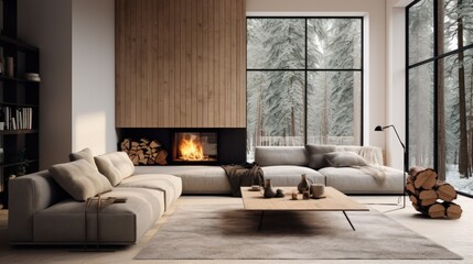 Black and white modern living room with fireplace 