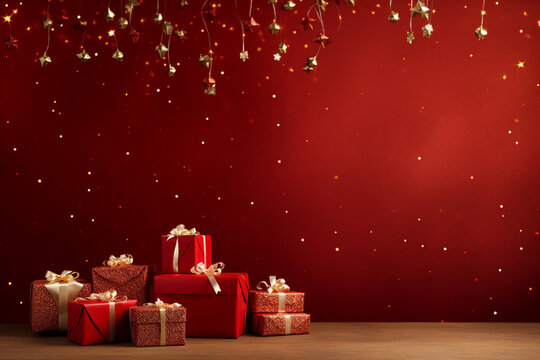Image generative AI picture of many gift boxes on red background empty space poster bright christmas garland