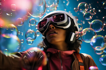 Youngster watching 3d object in virtual world fun cheerful vr glasses goggles generative ai