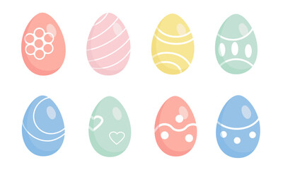 Happy Easter large set of painted Easter eggs. Colored Easter eggs in bright colors with different textures isolated on a white background. Spring holiday. Vector illustration.