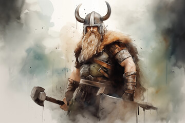 Sketch drawing in pencil and watercolor of Viking warrior with beard, in helmet with ax and shield. AI generated content - 682867923