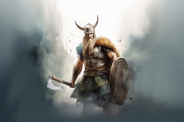 Sketch drawing in pencil and watercolor of Viking warrior with beard, in helmet with ax and shield. AI generated content - obrazy, fototapety, plakaty