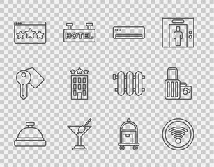 Set line Hotel service bell, Wi-Fi wireless, Air conditioner, Martini glass, Five stars rating review, building, Suitcase and icon. Vector