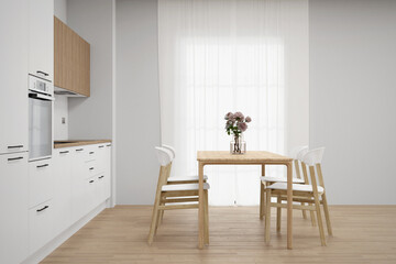 Dining room and kitchen with furniture. 3d rendering of interior background.