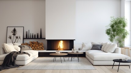 White and black modern living room with fireplace 