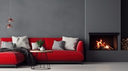 White and red modern living room with fireplace 