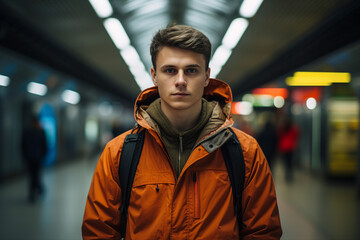 Fototapeta premium Confident man standing in subway station generative AI technology