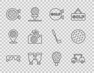 Set line Glasses, Golf car, sport club, Binoculars, ball water, on tee and icon. Vector - obrazy, fototapety, plakaty