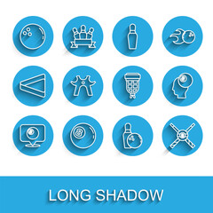 Set line Location with billiard ball, Billiard, Bowling, pin and, Crossed cues, rest, and pocket icon. Vector