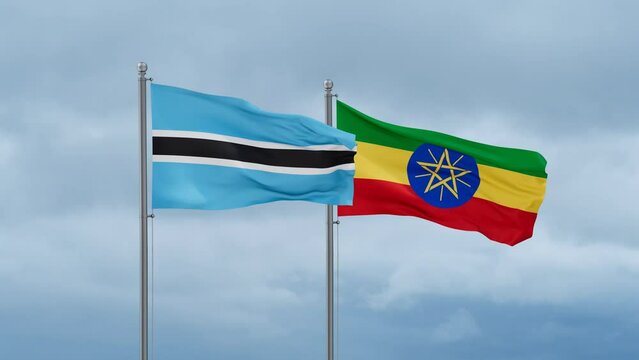 Ethiopia flag and Botswana flag waving together on cloudy sky, endless seamless loop, two country relations concept