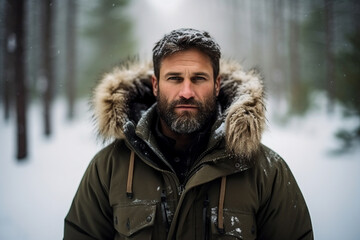 Fototapeta premium Bearded man guy enjoying wonderful winter weather snowy forest hiker Generative AI