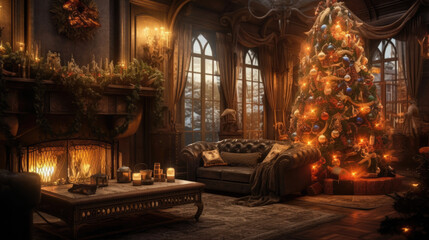 Fototapeta na wymiar Magical holiday ambiance with a beautifully lit tree and fireplace.