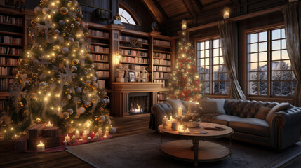 A cozy and inviting scene with a Christmas tree decorated in ornaments and illuminated by shimmering lights.