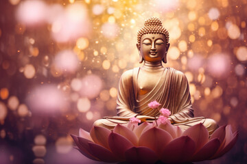 Abstract glowing buddha meditating on lotus flower - obrazy, fototapety, plakaty