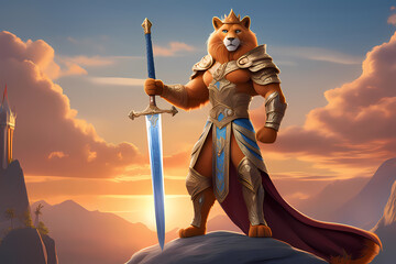 Lion warrior king with sword, Fantasy art, Digital illustration