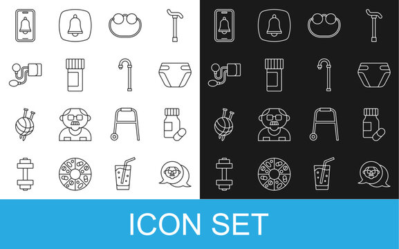 Set line Grandfather, Medicine bottle pills, Adult diaper, Eyeglasses, Blood pressure, Emergency phone call and Walking stick cane icon. Vector