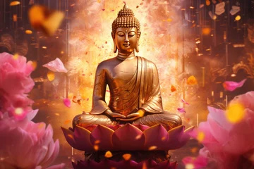 Gordijnen Abstract glowing buddha meditating on lotus flower © Kien