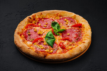 beautiful and tasty pepperoni pizza with corn