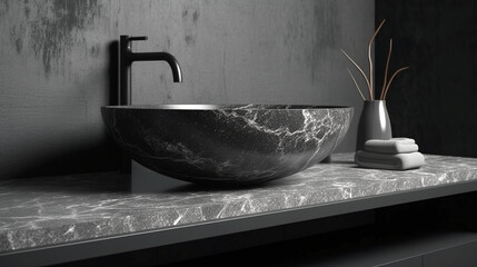 Stylish round sink made of beautiful marble and chrome faucet. The minimalist interior design of a modern bathroom. House interiors.
