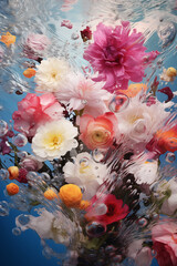 Background with flowers behind transparent foggy glass. Generative AI