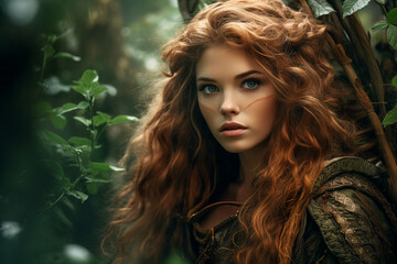 Beautiful warrior amazon woman in the forest made with generative ai concept