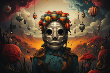 an illustration of a skull in the sky with balloons around his head, in the style of realistic hyper-detailed portraits