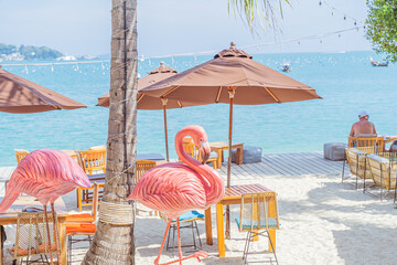 Visit a popular pink flamingo concept restaurant in a cafe next to the sea, Sue Flamingo, Ao Yon...