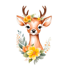  Cute cartoon Deer with flowers, Watercolor illustration