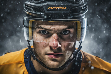 Serious hockey player face made with Generative AI tools technology
