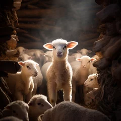 Fototapeten Little lamb looks out of the flock of sheep in the stable, ai technology © Rashid