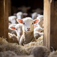 Little lamb looks out of the flock of sheep in the stable, ai technology