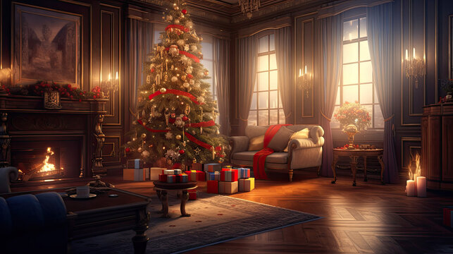 A festive living room with a Christmas tree and gifts near the blazing fire.