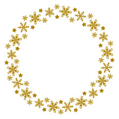 Fototapeta premium ゴールド 雪の結晶の円フレーム 素材 見出し 飾り枠 飾り罫 リース 丸い