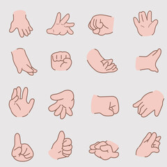 hand gestures collection vector of hand gestures, in the style of light pink and bronze, studyblr, letterboxing, high-angle, animated gifs, hand-coloring, light red and light pink