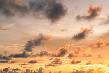 scene romantic sunset at Karon beach. abstract nature background..Sunset with bright color light rays and other atmospheric effects..Gradient color.cloudscape background in Phuket Thailand.