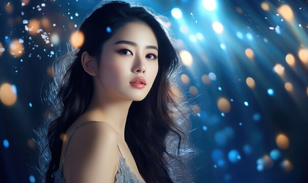 Beautiful Asian woman on sparkling blue background, generated by AI